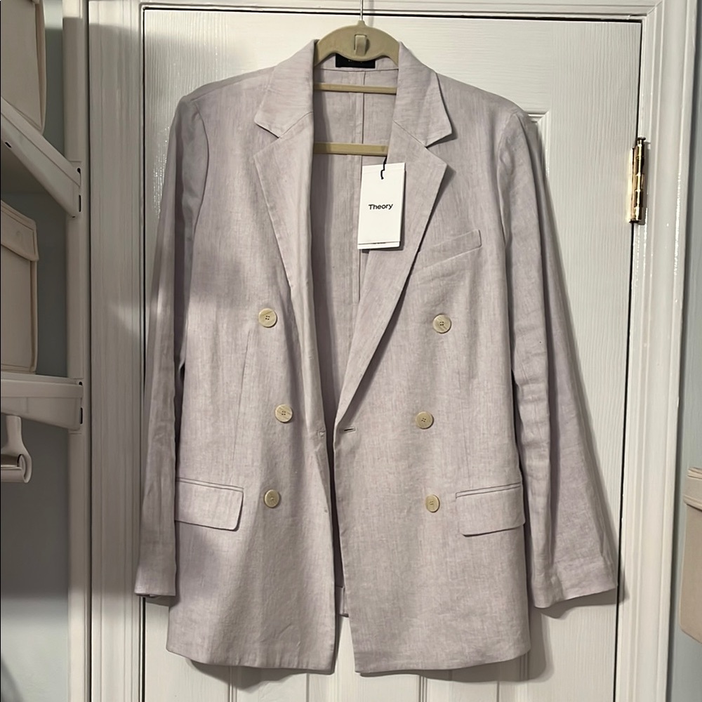 Theory Double-Breasted Blazer in Light Gray